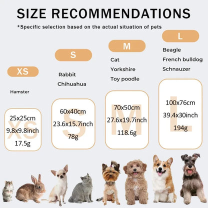 Size recommendations chart for pets with images of various animals and their corresponding sizes.